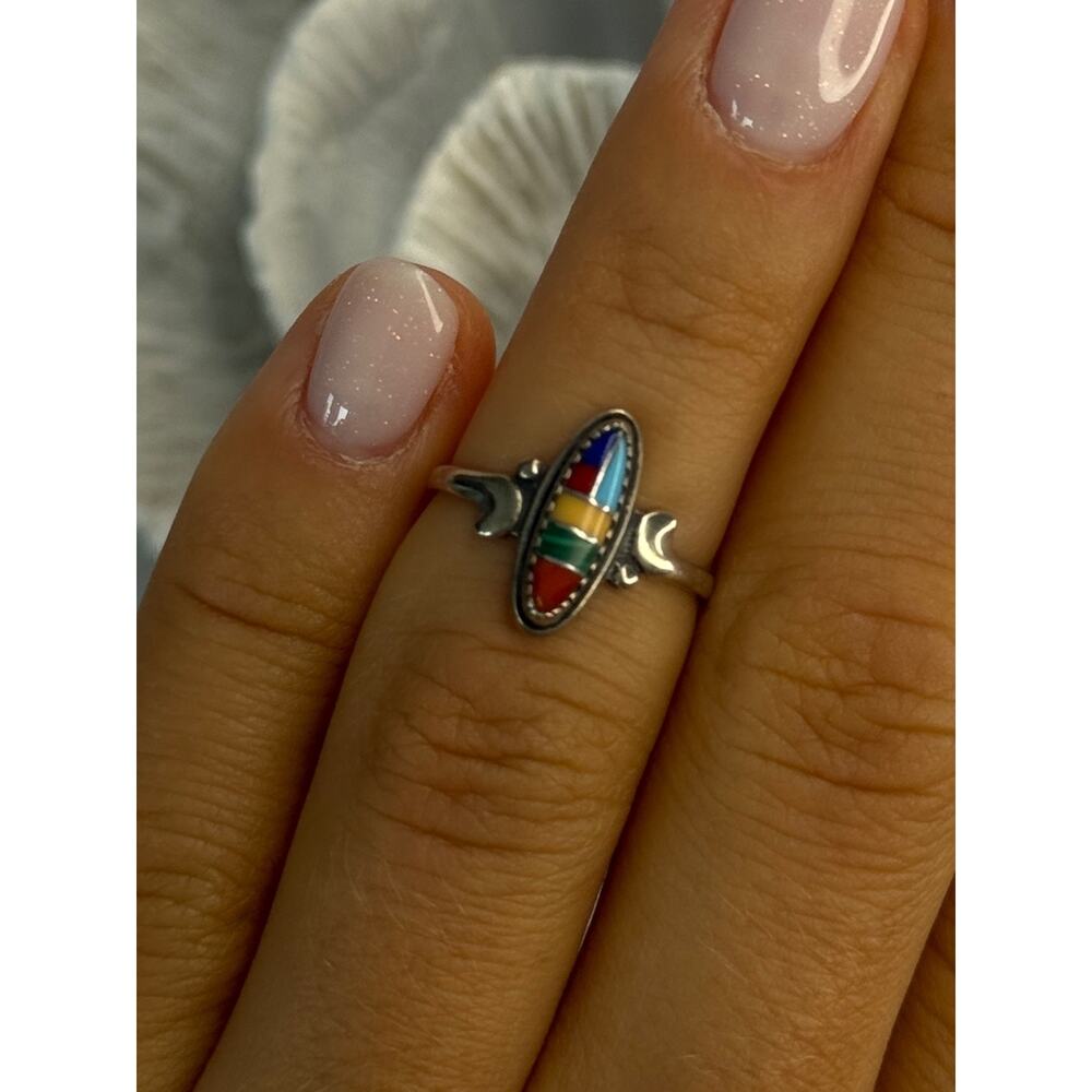 Colorful Native American 925 Sterling Silver Multi Gemstone Ring Size 5 - Picture 5 of 7